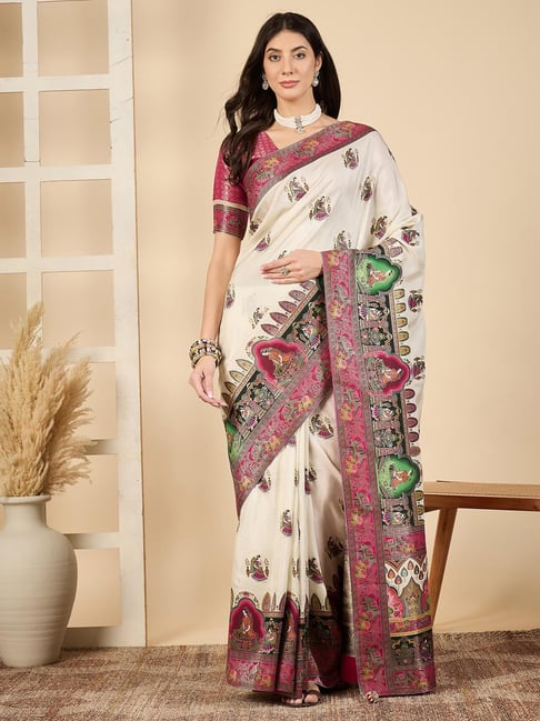 Saree Mall Cream Viscose Self Saree with Blouse Piece-picture-12