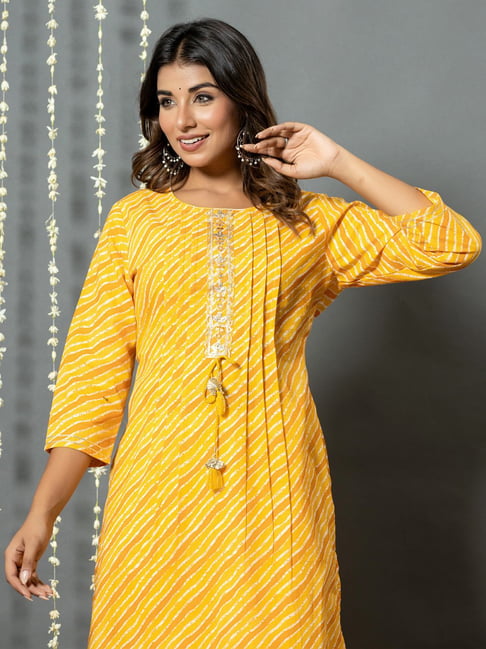 Indo Era Yellow Cotton Regular Fit Printed Kurta-picture-24