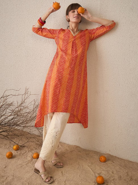 Indo Era Orange Cotton Regular Fit Printed Kurta-picture-27