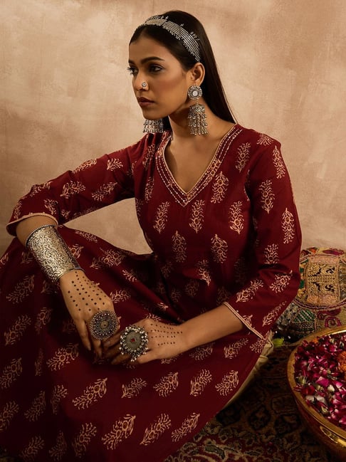 Indo Era Maroon Cotton Regular Fit Printed Kurta-picture-47