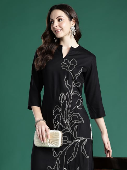 Indo Era Black Regular Fit Embroidered Kurta-image-16