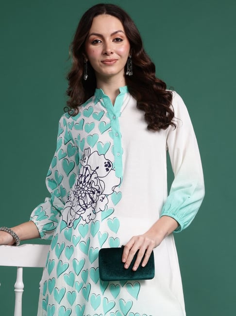 Indo Era Sea Green Linen Regular Fit Printed Kurta-picture-32