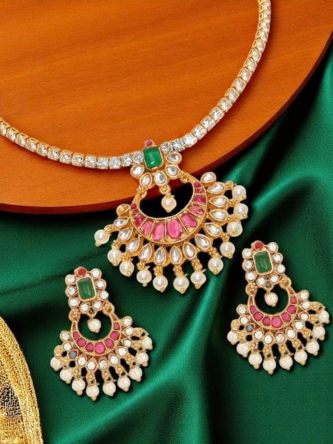 OOMPH Gold American Diamond Necklace & Earring Set-picture-10