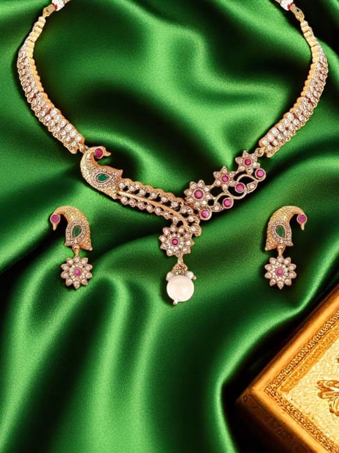 OOMPH Gold American Diamond Necklace & Earring Set-picture-12