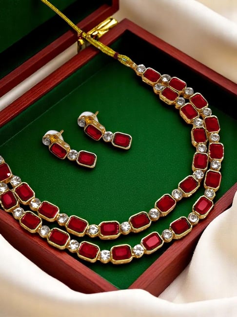 OOMPH Maroon Artificial Stones and Beads Necklace & Earring Set-image-18