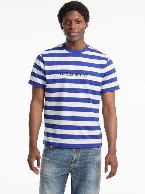 Guess Jeans YD White and Regal Blue Regular Fit Striped T-Shirt
