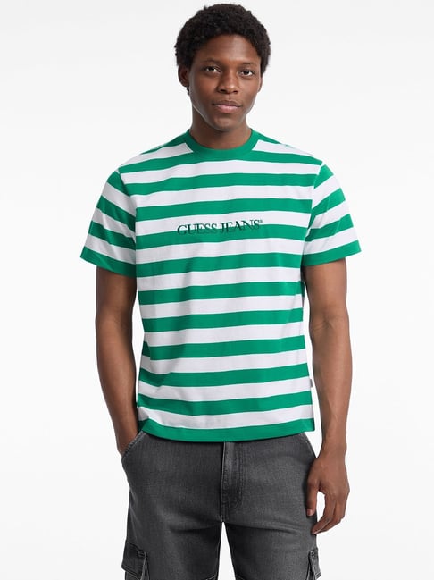 Guess Jeans YD White and Green Leaf Regular Fit Striped T-Shirt