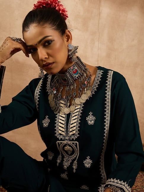 Indo Era Teal Regular Fit Embroidered Kurta-picture-39