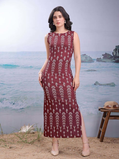 Purvaja Maroon Cotton Regular Fit Printed Dress-picture-14