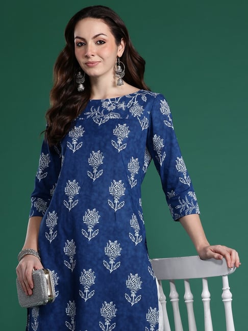 Indo Era Blue Cotton Regular Fit Printed Kurta-picture-31