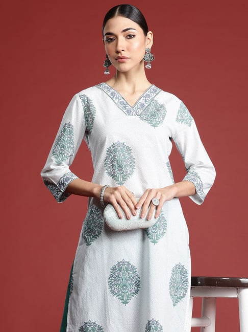 Indo Era White Cotton Regular Fit Printed Kurta-picture-20