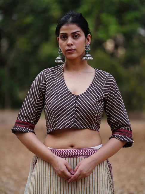 Buy Chidiyaa Brown Pure Cotton Block print Blouse for Womens