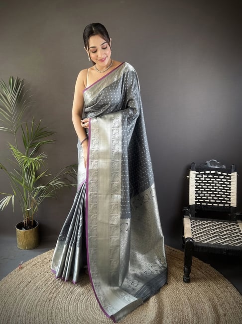 Elora Grey Silk Zari Banarasi Saree With Unstitched Blouse-picture-48