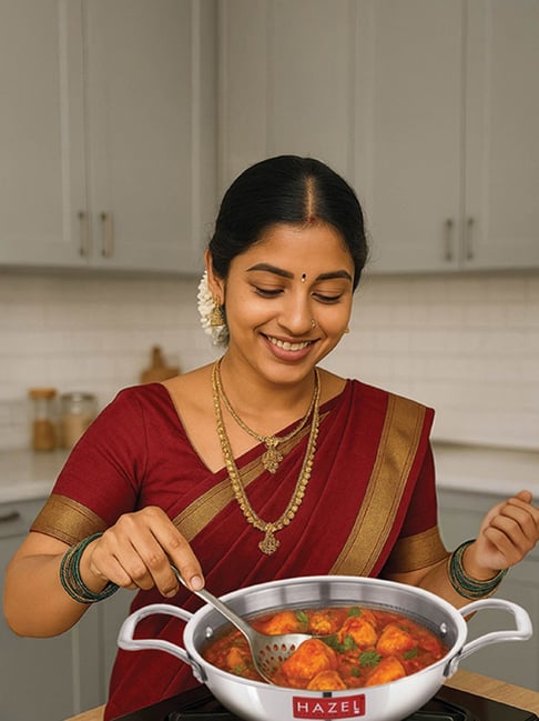 HAZEL Silver Stainless Steel Non-Stick Honeycomb Triply Steel Kadhai with Glass Lid 22 cm (2 L)