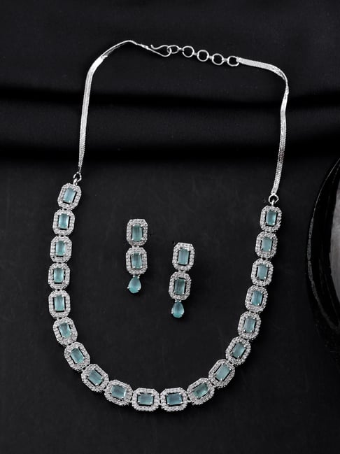 VOJ Silver Plated Sea Green Stone Studded Rectangular AD Necklace & Earring Set-image-40