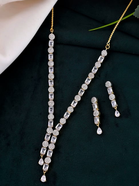 VOJ Gold Toned White Stone Studded Necklace & Earring Set-picture-13