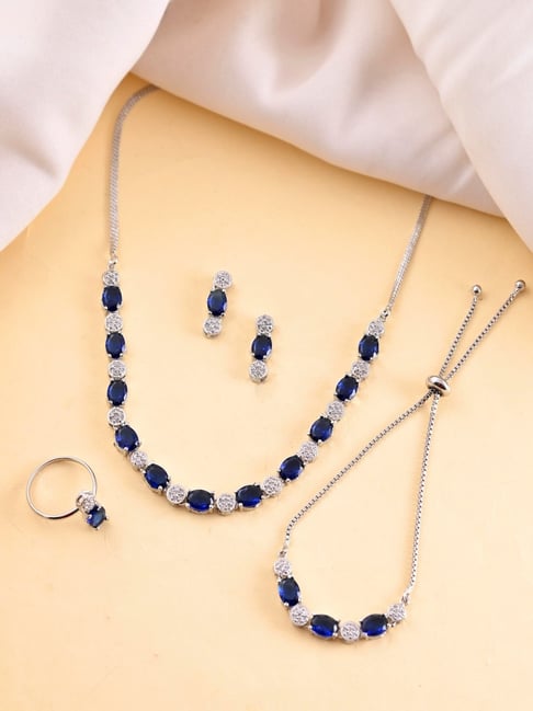 VOJ Silver Plated Blue Stone Studded Necklace, Bracelet, Ring Earrings Set