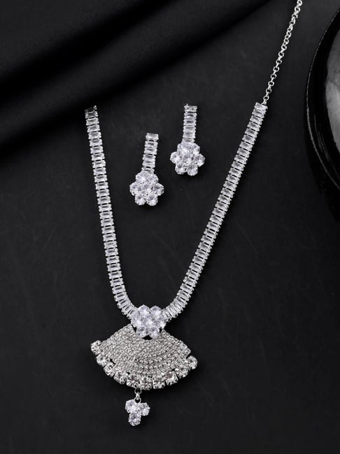 VOJ Silver Plated CZ Stone Studded Designer Necklace & Earring Set-picture-23