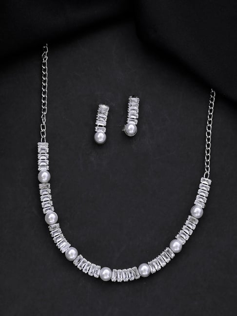 VOJ Silver Plated Pearl And Stone Studded Necklace & Earring Set