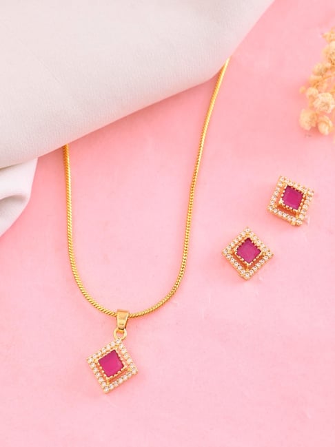 VOJ Gold Plated Square Shaped Ruby Red Stone Studded Necklace & Earring Set-picture-31