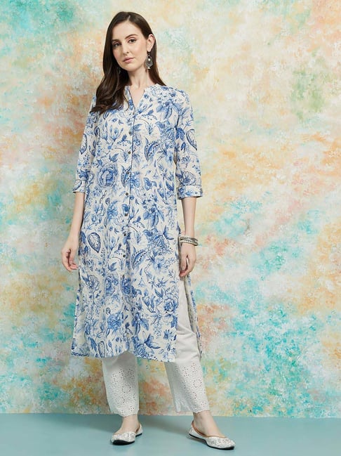 Melange By Lifestyle Off White Cotton Regular Fit Floral Print Kurtas-picture-35