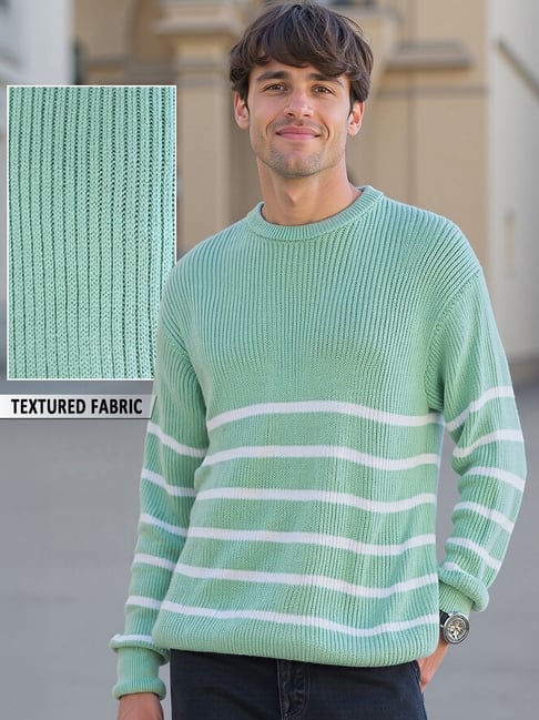 Bewakoof Green Acrylic Super Loose Fit Striped Sweater