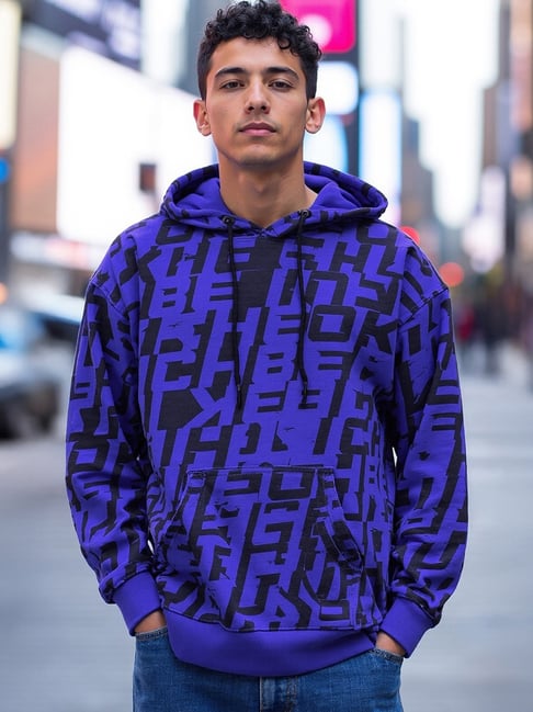 Bewakoof Blue Fleece Oversized Fit Printed Hooded Sweatshirt