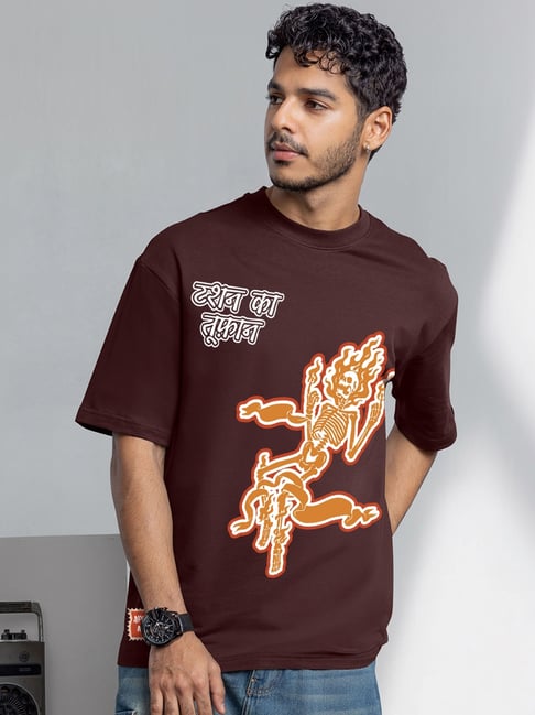 Bewakoof Brown Cotton Oversized Fit Graphic T-Shirt