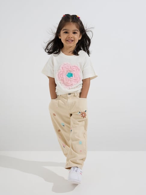 HOP Kids by Westside Off-White Floral Applique Detailed Cotton T