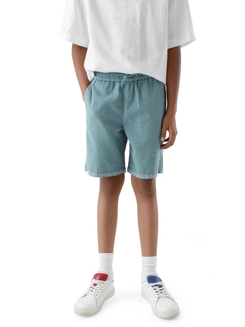 Rare Ones Boys Teal Cotton Embroidered Regular Fit Shorts
