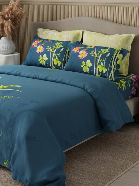 Boutique Living Royal Essence Blue Cotton Floral 400 TC King Flat Bedsheet with 4 Pillow Covers-picture-25