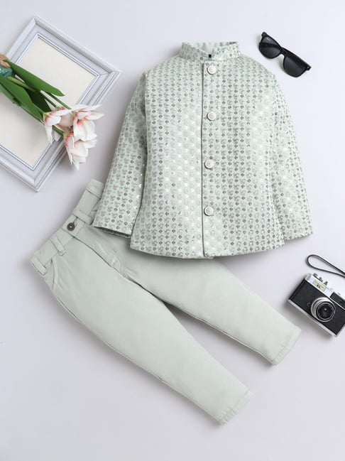 Fourfolds Boys Green Regular Fit Embellished Indowestern Sets-picture-16