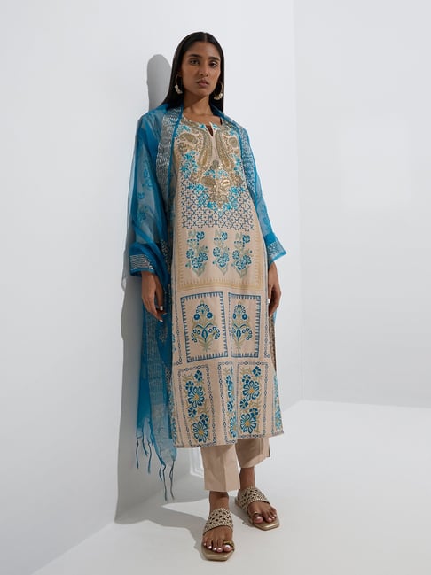Vark by Westside Beige Straight Kurta, Ethnic Pants, and Dupatta Set