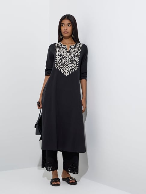 Utsa by Westside Black Leaf Design Cotton-Blend A-Line Kurta-picture-11