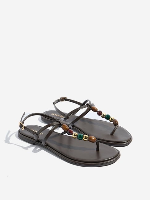 LUNA BLU by Westside Brown Beaded T-Strap Sandals