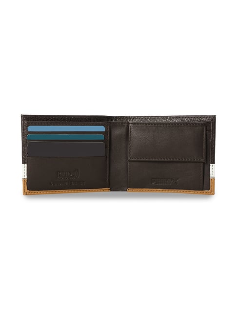 PUMA Chocolate & Cool Light Gray Color Block Leather Bi-Fold Wallet