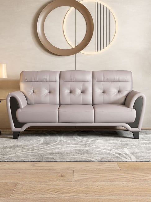 Durian Modern Light Grey Leather Tufted Seater Sofas