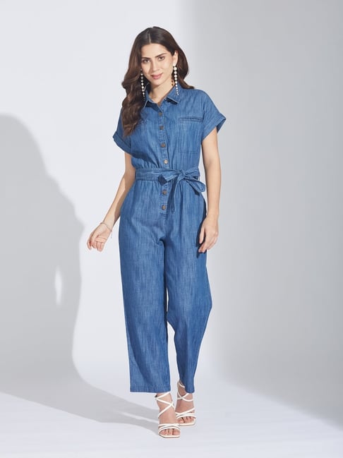 Latin Quarters Blue Cotton Striped Jumpsuit