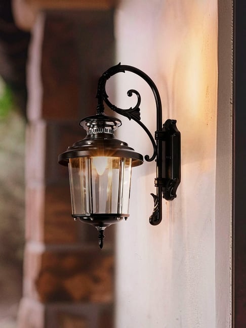 FOS LIGHTING Black Victorian Outdoor Wall Sconce with Scrolling Arm & Beveled Glass
