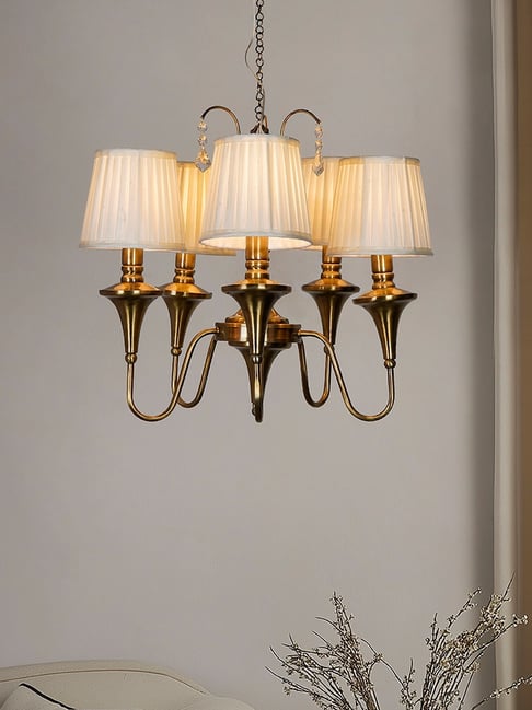 FOS LIGHTING Gold Transitional Antique Brass Finished 5-Light Chandelier with Pleated Fabric Shades