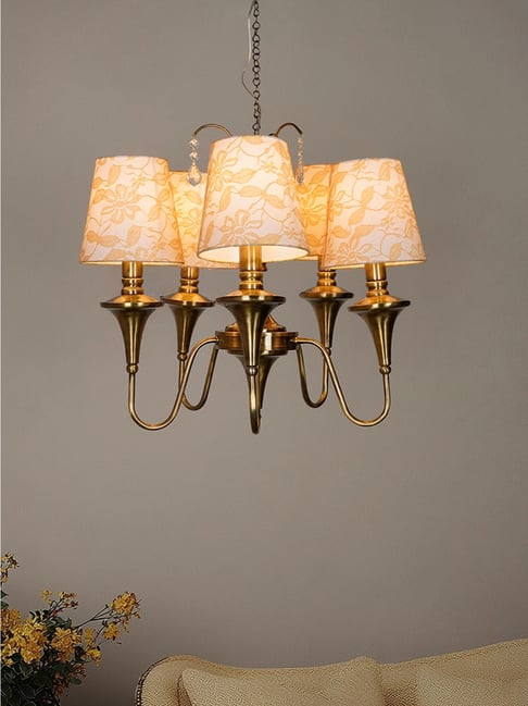 FOS LIGHTING Gold Transitional Brass Finished 5-Light Chandelier with Tapered Lace Fabric Shades