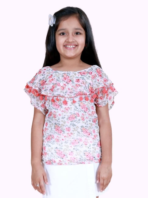Kiddopanti Girls White Printed Regular Fit Top