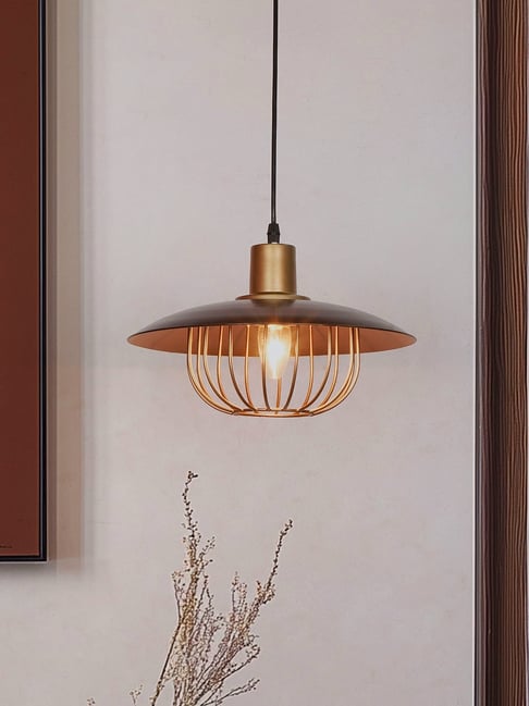 FOS LIGHTING Industrial Brown & Gold Flat Top Cage Pendant Light
