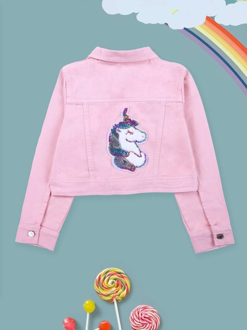 Kiddopanti Girls Pink Denim Applique Regular Fit Jacket