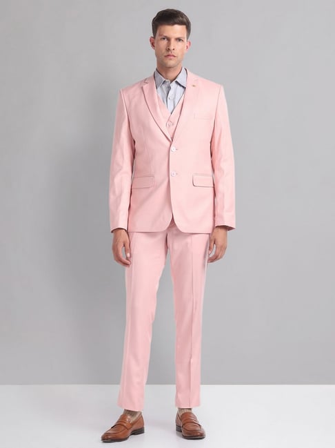 AD by Arvind Pink Terry Regular Fit Solid Reversible Waistcoat Three Piece Suit