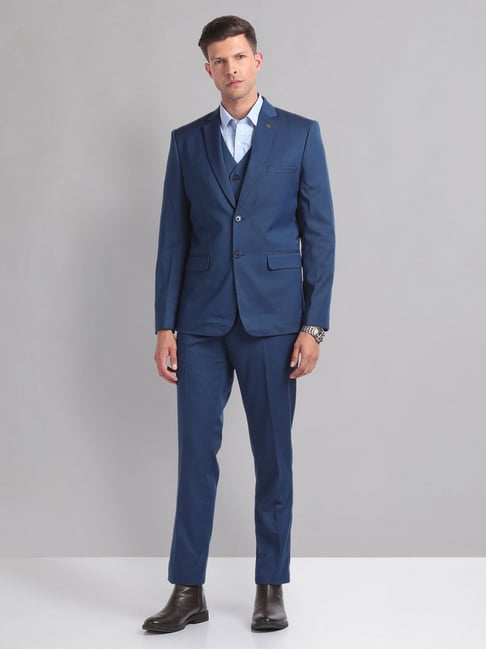 AD by Arvind Blue Terry Regular Fit Solid Reversible Waistcoat Three Piece Suit