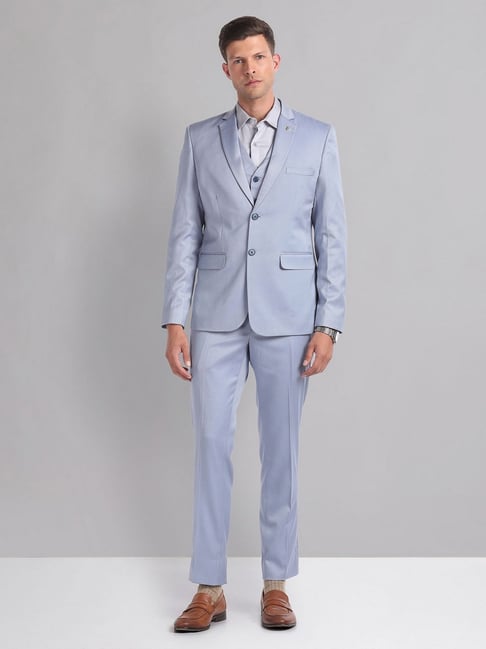 AD by Arvind Blue Terry Regular Fit Solid Reversible Waistcoat Three Piece Suit