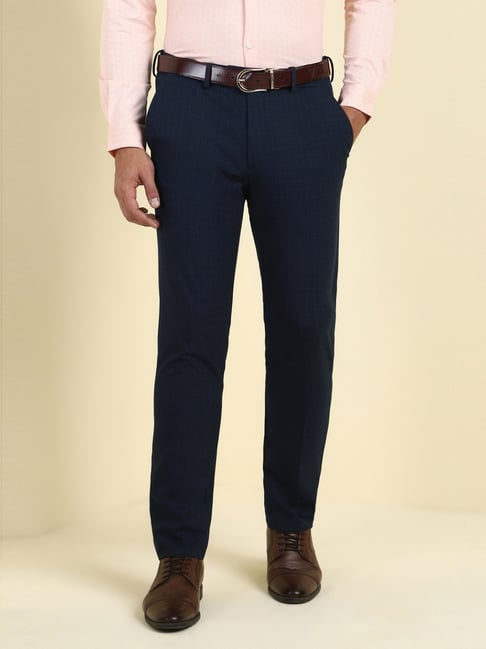 Allen Solly Navy Slim Fit Checks Trousers-picture-43