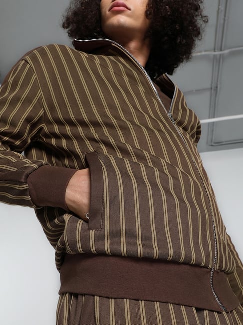 Puma Mmq Brown Cotton Relaxed Fit Striped Jacket