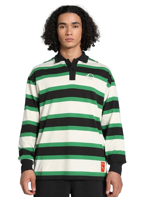 Puma X Carrots Green Cotton Relaxed Fit Striped Polo T-Shirt